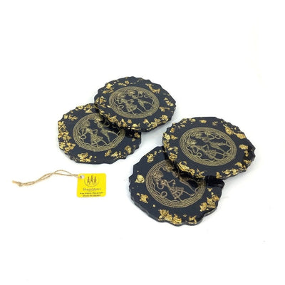 Handmade Black Round Brass and Resin Coasters, 4 inch