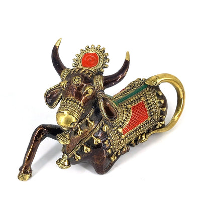 Handmade Brass Nandi Statue with Head Crown (Multicolor, 12 x 6 inch)