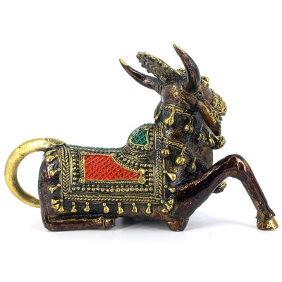 Handmade Brass Nandi Statue with Head Crown (Multicolor, 12 x 6 inch)