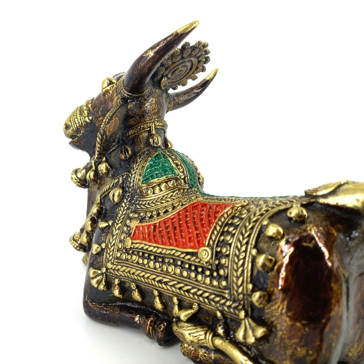 Handmade Brass Nandi Statue with Head Crown (Multicolor, 12 x 6 inch)