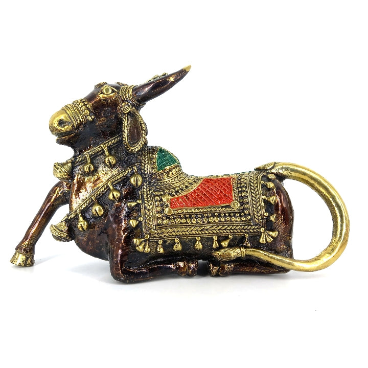 Handmade Brass Nandi Statue with Head Crown (Multicolor, 12 x 6 inch)