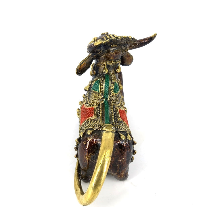 Handmade Brass Nandi Statue with Head Crown (Multicolor, 12 x 6 inch)