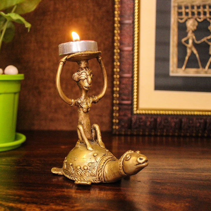 Dhokra Art Handicraft Brass Monkey Turtle Duo Candle Holder (Matte Yellow, 4.3 inch)