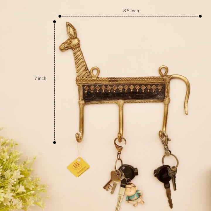 Handmade Brass Metal Horse Design 3 Hooks Key Hanger (Golden, 7 x 8.5 inch)