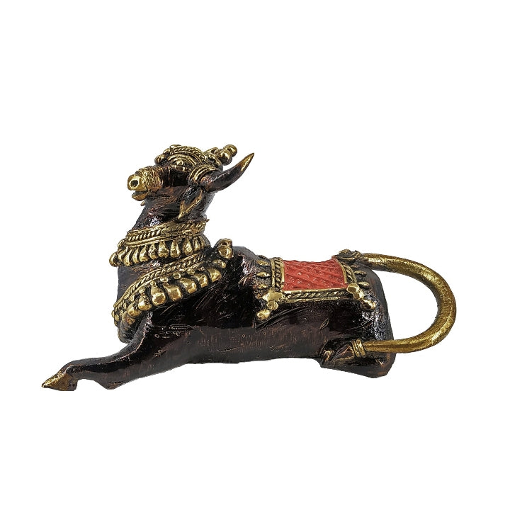 Sacred Peaceful Dhokra Nandi Figurine of bell metal (Multicolor, 7.25 x 4.5 inch)