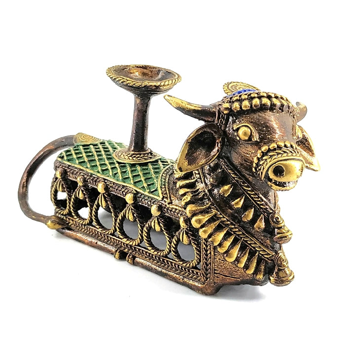 Brass Nandi Tea Light Holder of Bell Metal Art (Multicolor, 6.5 x 4.5 inch)