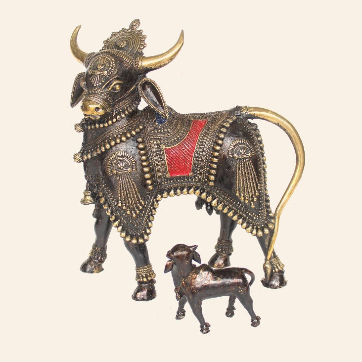 Decorative Brass Bull Figurine with Calf and Ornate Design (Multicolor)