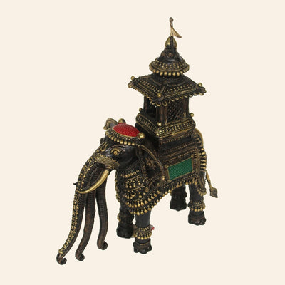 Exquisite Large Brass Elephant Figurine Carrying Temple (Multicolor, 15.5 x 17.5 inch)