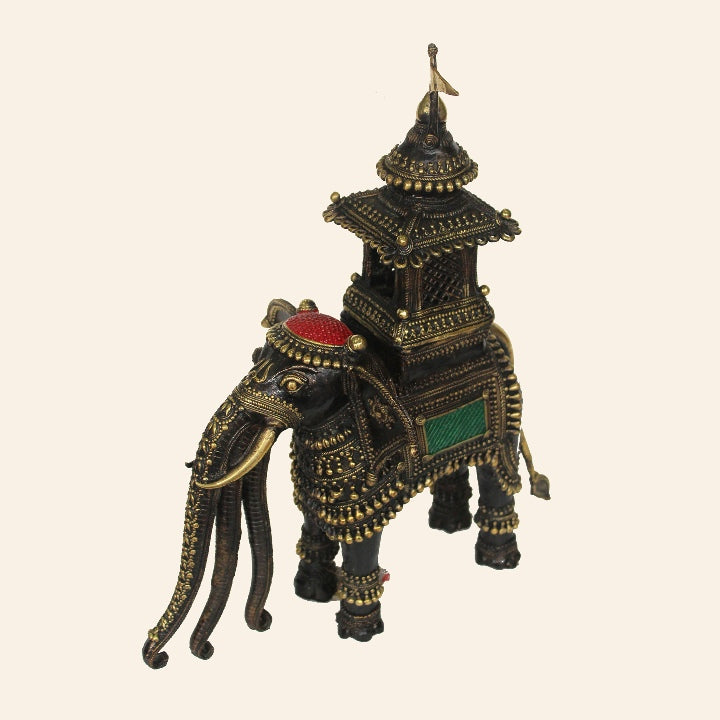 Exquisite Large Brass Elephant Figurine Carrying Temple (Multicolor, 15.5 x 17.5 inch)