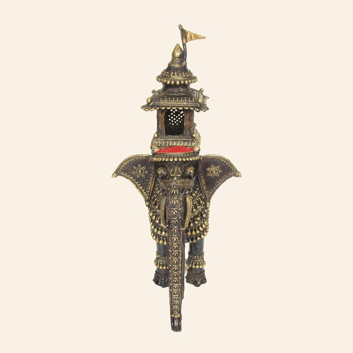 Exquisite Large Brass Elephant Figurine Carrying Temple (Multicolor, 15.5 x 17.5 inch)
