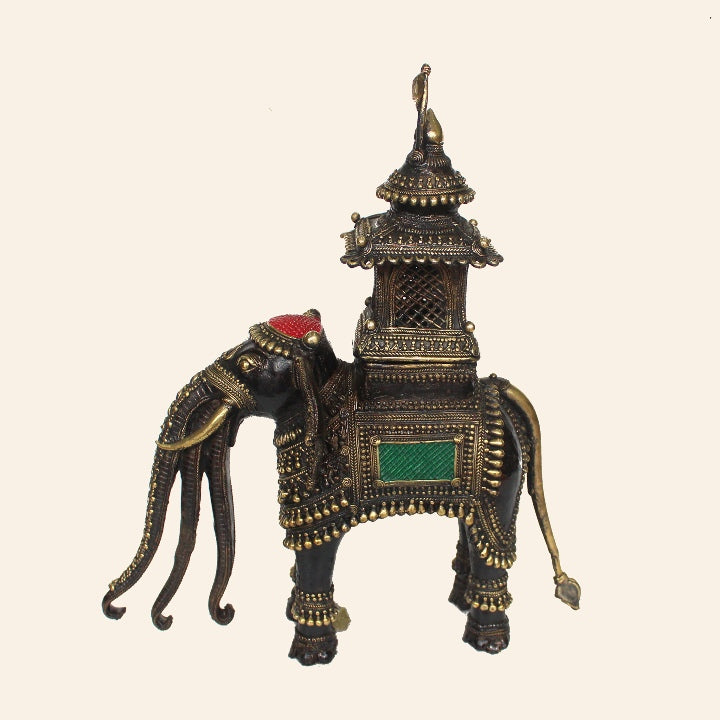 Exquisite Large Brass Elephant Figurine Carrying Temple (Multicolor, 15.5 x 17.5 inch)