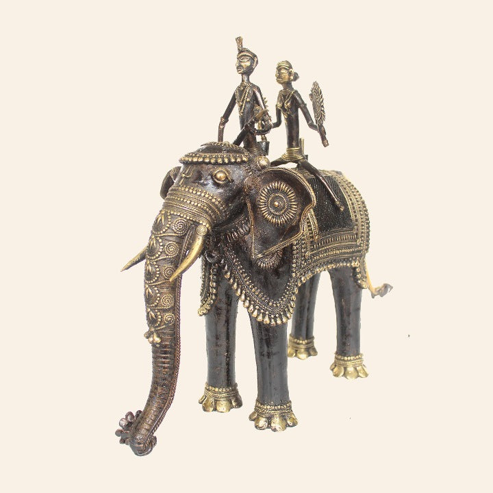 Brass Tribal Metal Elephant Figurine with Mounted Riders (Bronze color, 19.5 x 17 Inch)
