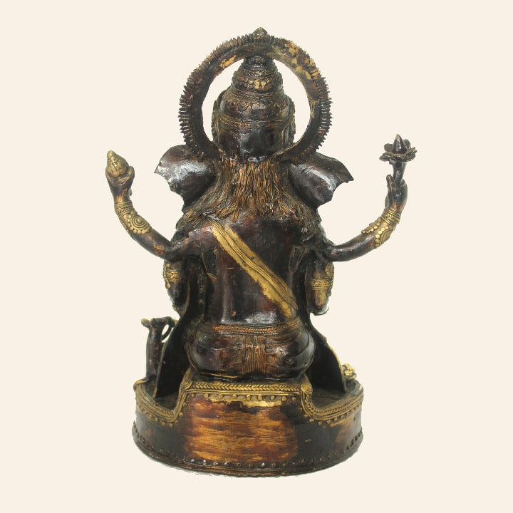 Ganesha Hindu Deity Idol Handmade in Brass Metal (Bronze color, 9 x 16 Inch)