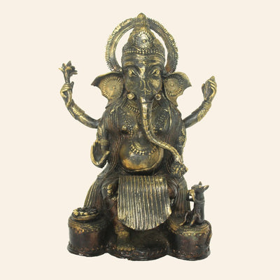 Ganesha Hindu Deity Idol Handmade in Brass Metal (Bronze color, 9 x 16 Inch)