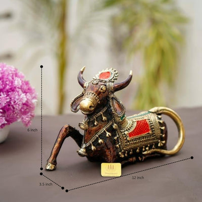 Handmade Brass Nandi Statue with Head Crown (Multicolor, 12 x 6 inch)