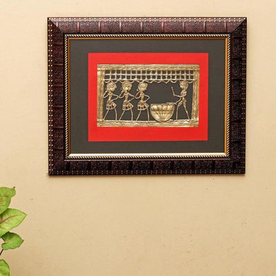 Decorative Brass Wall Frame with Dhokra Art (Maroon Frame, 11.75 x 14.75 inch)