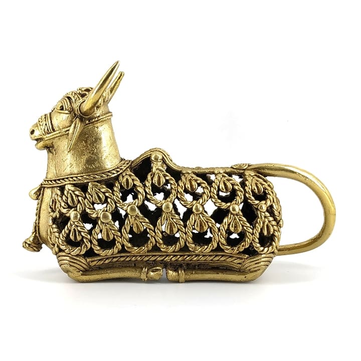 Tribal Handicraft Brass Nandi Sitting statue (Golden, 7.1 x 4.7 inch)