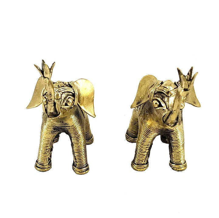 Brass Elephant Duo with Raised Trunk (Golden, 4.5 inch)