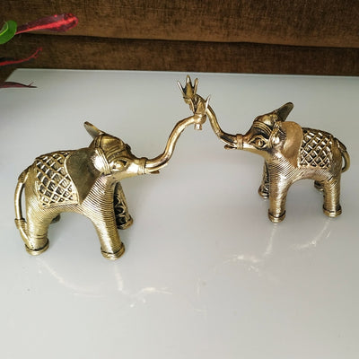 Brass Elephant Duo with Raised Trunk (Golden, 4.5 inch)