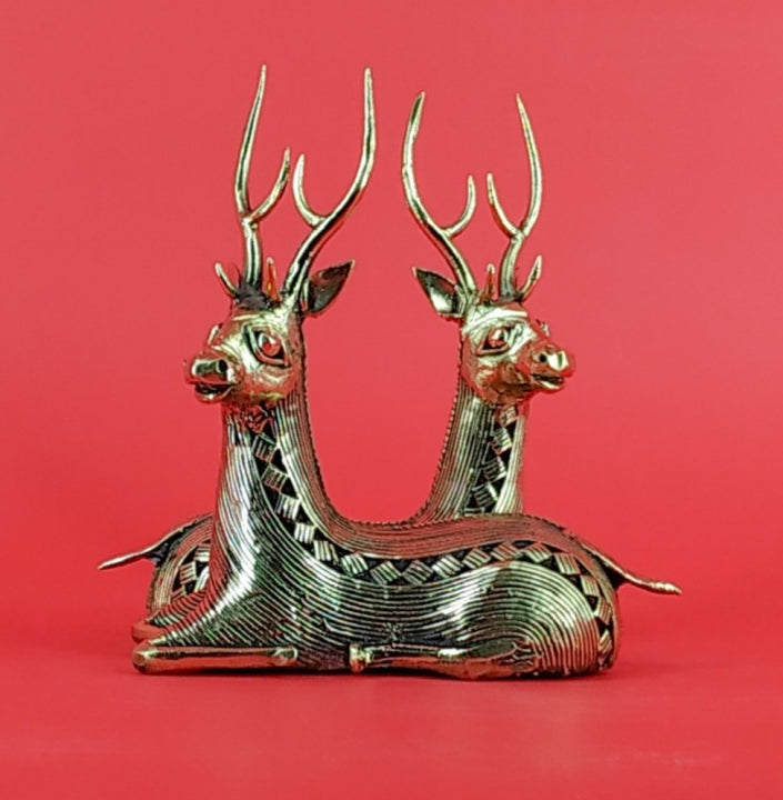 Brass Bell Metal Art Deer Duo Sitting (Golden, 4.5 inch)