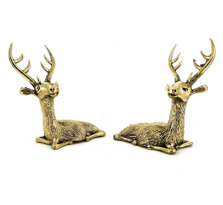 Dhokra Art Brass Resting Deer Duo statue (Golden, 4.5 inch)