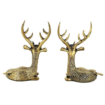 Dhokra Art Brass Resting Deer Duo statue (Golden, 4.5 inch)