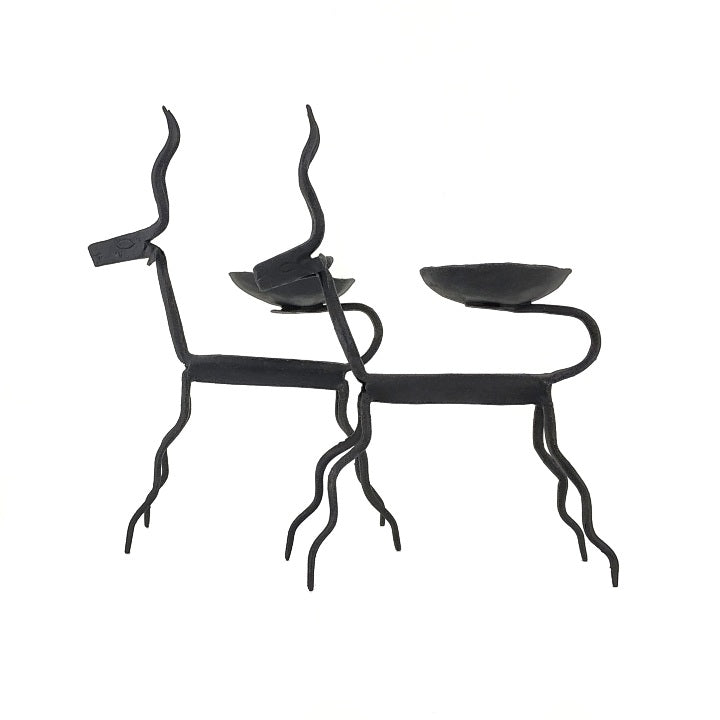 Bastar Iron Craft Decorative Pair of Deer Figurine Candle Holders (Black, 5 inch)