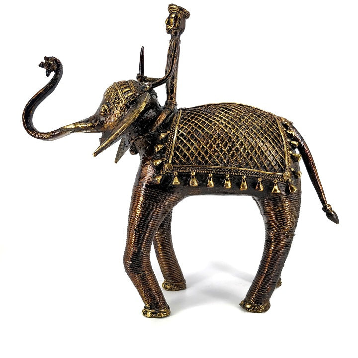 Elephant and Rider Brass Dhokra Art Figurine (Bronze color, 11 inch)