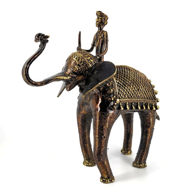 Elephant and Rider Brass Dhokra Art Figurine (Bronze color, 11 inch)