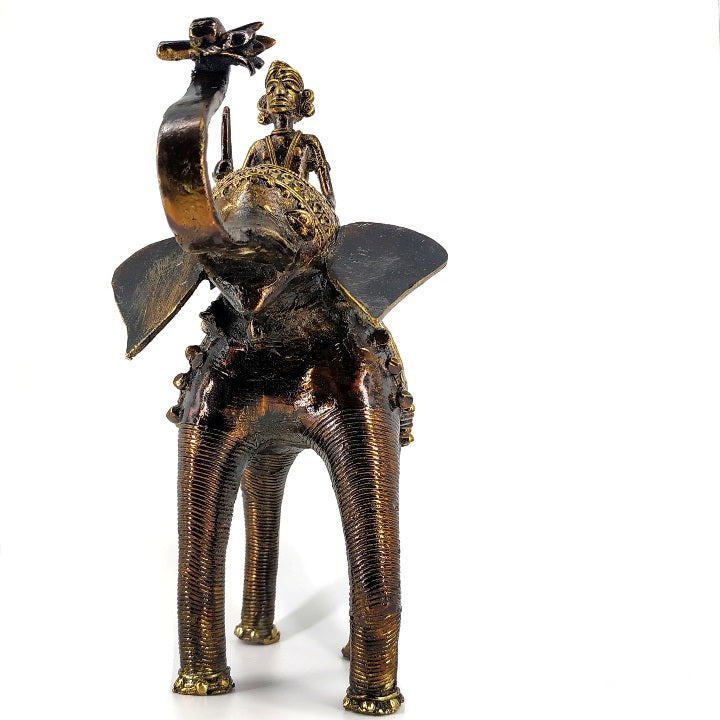 Elephant and Rider Brass Dhokra Art Figurine (Bronze color, 11 inch)