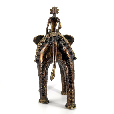Elephant and Rider Brass Dhokra Art Figurine (Bronze color, 11 inch)