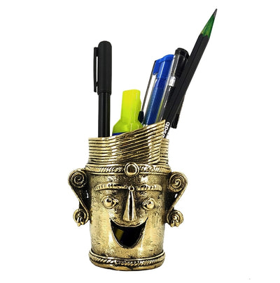 Dhokra Art Crowned Laughing Man Brass Pen Holder (Golden, 3.5 inch)