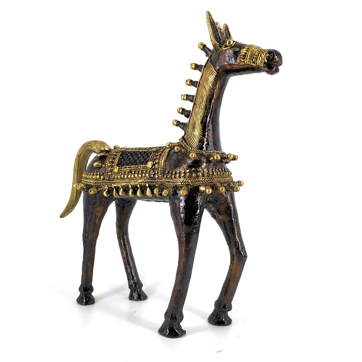 Dhokra Art Brass Walking Horse Statue (Bronze color, 12 inch)