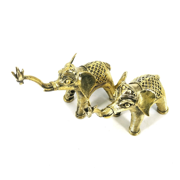 Brass Elephant Duo with Raised Trunk (Golden, 4.5 inch)