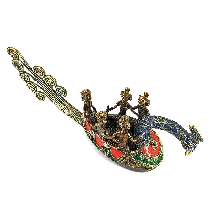 Handmade Bastar Art Brass Peacock Boat (Multicolor, 14 inch)