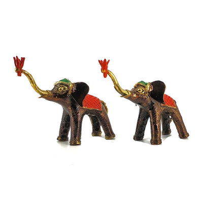 Handmade Elephant Duo with Raised Trunk Statue in Bell Metal Art (Multicolor, 4.5 inch)