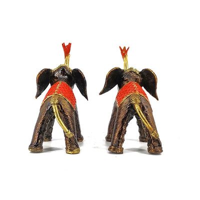 Handmade Elephant Duo with Raised Trunk Statue in Bell Metal Art (Multicolor, 4.5 inch)