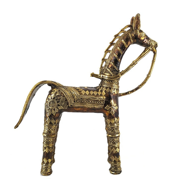 Dhokra Art Brass Decorated Horse (Bronze color, 11 inch)