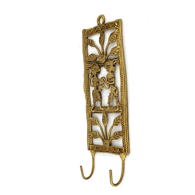 Tribal Dhokra Jaali Rectangle Brass Key Hooks (Golden, 6 inch)