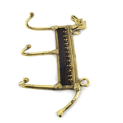 Elephant Design 3 hook Brass Key Holder (Golden, 9 inch)