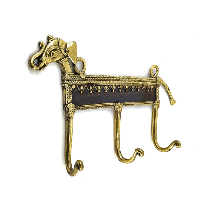 Elephant Design 3 hook Brass Key Holder (Golden, 9 inch)