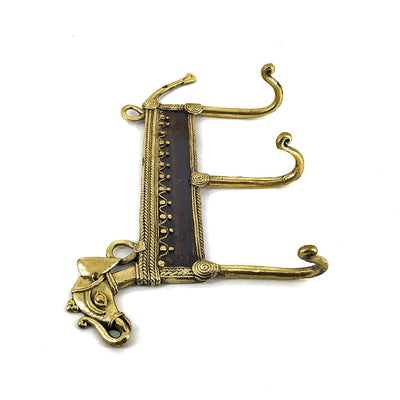 Elephant Design 3 hook Brass Key Holder (Golden, 9 inch)