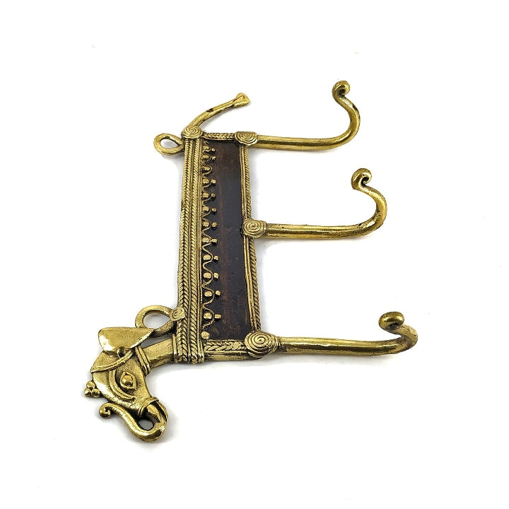 Elephant Design 3 hook Brass Key Holder (Golden, 9 inch)