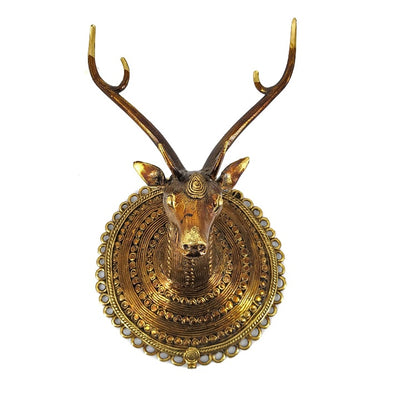 Embellished Brass Deer Head Wall Hanging Decor (Golden, 9 inch)