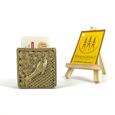 Brass Dhokra art Desktop Organizer with Pen cum Card Holder (Golden, 3 inch)