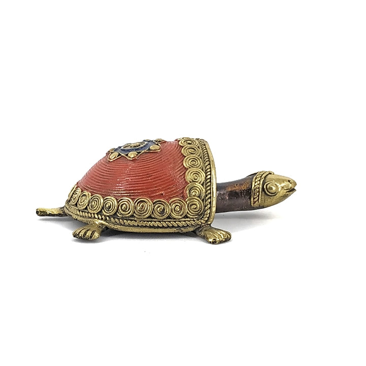 Handmade Dhokra Art Bell Metal Coin Tortoise (Red, 4.5 Inch)