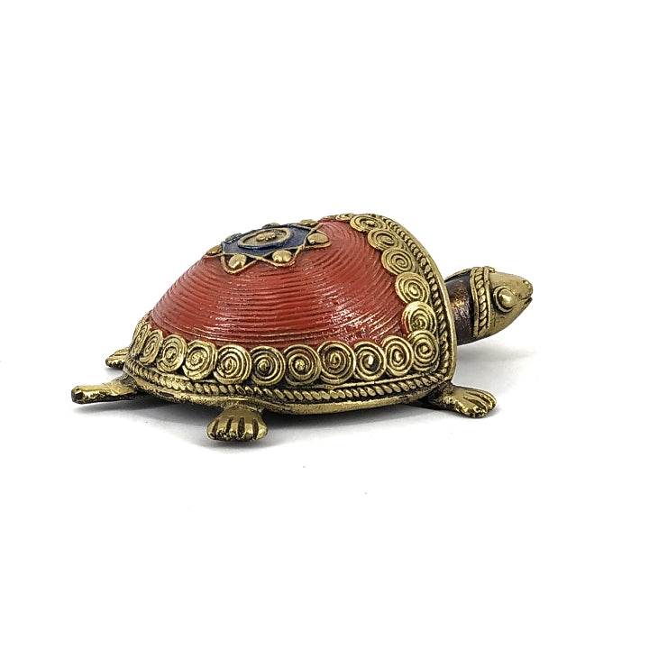 Handmade Dhokra Art Bell Metal Coin Tortoise (Red, 4.5 Inch)