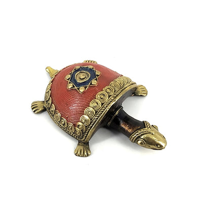 Handmade Dhokra Art Bell Metal Coin Tortoise (Red, 4.5 Inch)