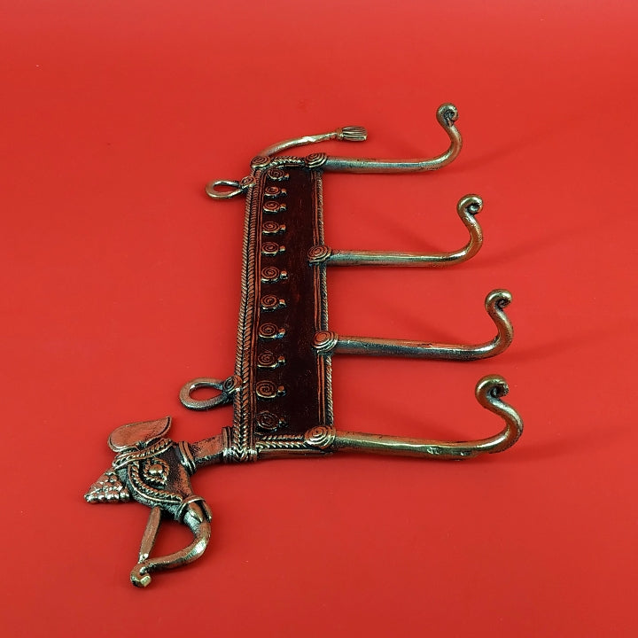 Handmade Brass Elephant Design 4 hook Key Hanger (Golden, 10 inch)