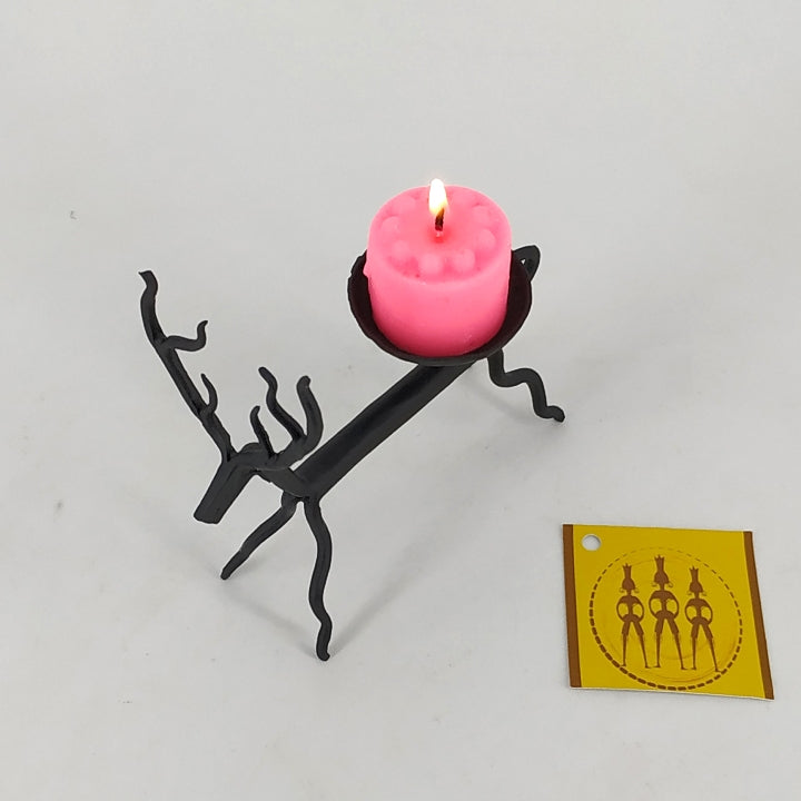 Bastar Tribal Art Deer Design Iron Tea Light Holder (Black, 5 inch)